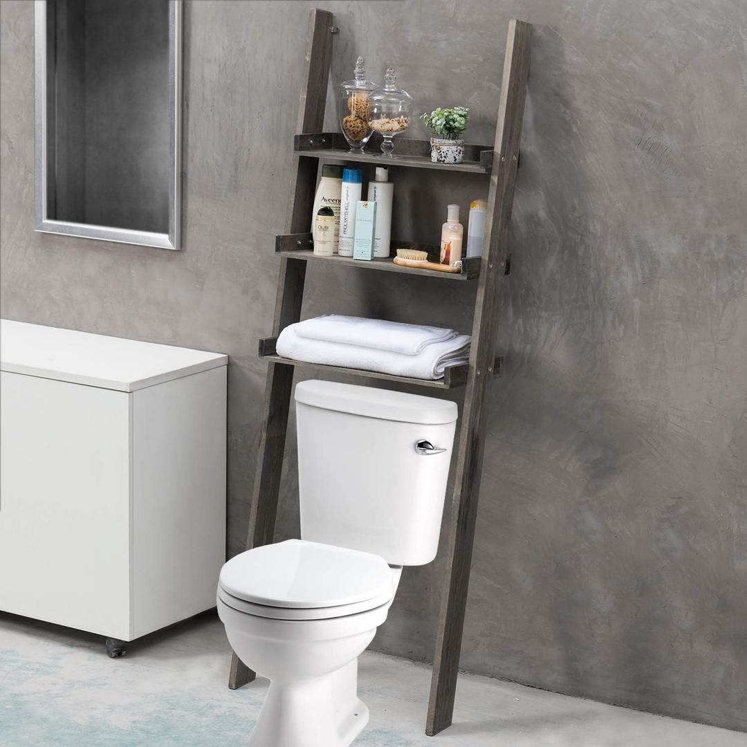 MyGift Over The Toilet Storage Ladder Shelf, 3 Tier Wood Bathroom Organizer, Above The Storage Shelves Leaning Rack Stand Gray, Large