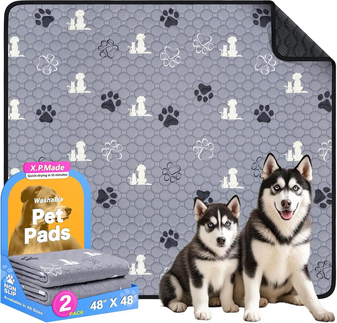 Washable Pee Pads for Dogs, 2 Pack Reusable Puppy Pads, Waterproof Pet Pee Pads for Dog Potty Training, Extra Large Dog Pee Pads for Crate, Playpen, and Whelping, Durable and Absorbent, Gray 48"x48"