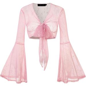 For G and PL Women Tie Front Bell Sleeve Rave Crop Tops Floral Print Hippie Mesh Sheer Shirt (Medium, Sparkly | Pink)
