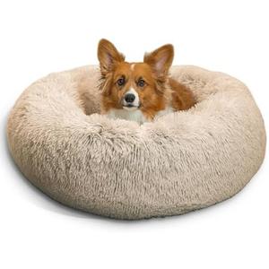 Best Friends by Sheri Original Calming Donut Dog and Cat Bed, Shag Faux Fur, Taupe, (30in x 30in) - Anxiety Relief for Pets Up to 45 lbs