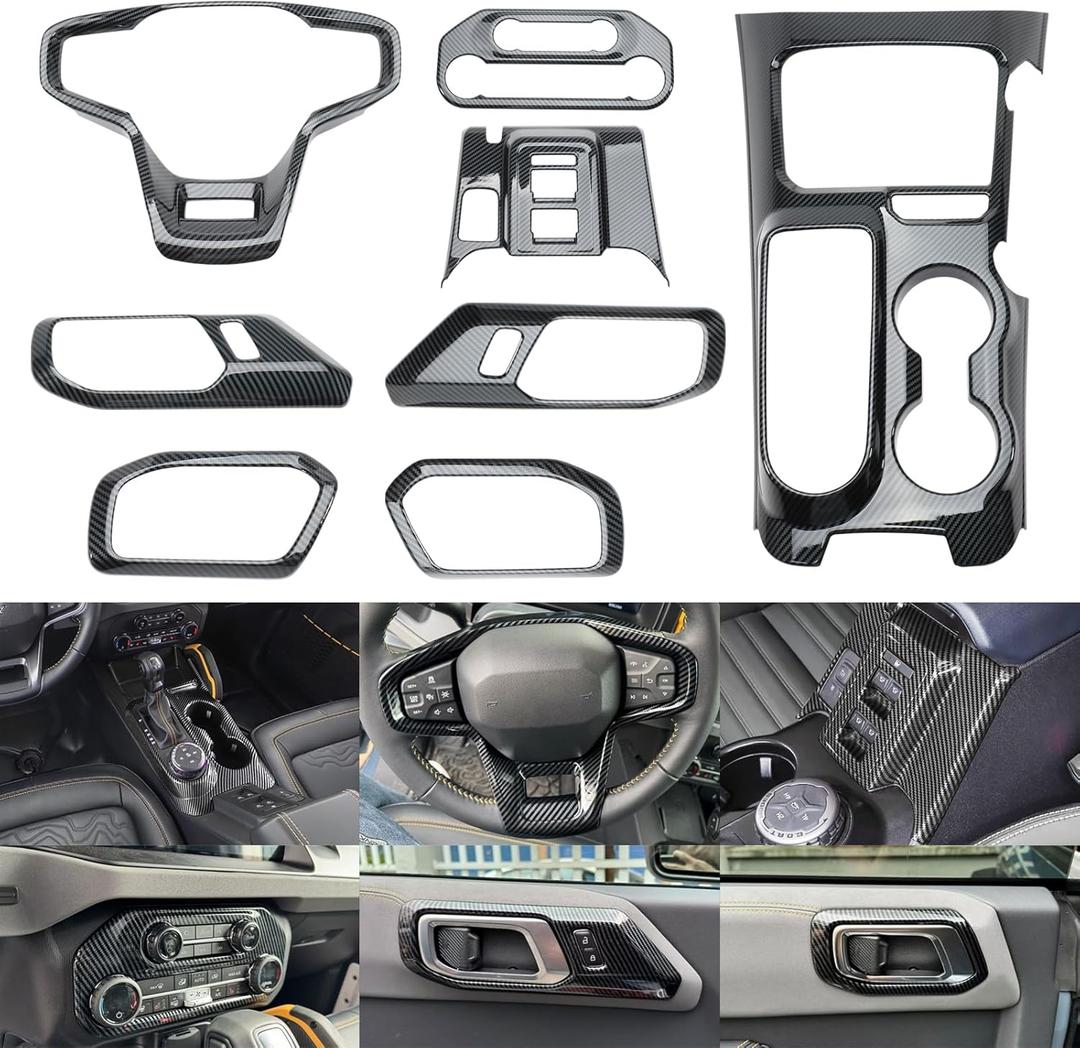 8 Pcs Carbon Fiber Interior Decor Trim Cover Kit Compatible with 2021-2026 Ford Bronco, Gear Shift Panel Cover Inner Door Handle Cover Steering Wheel Cover - Not Fit Manual Transmission