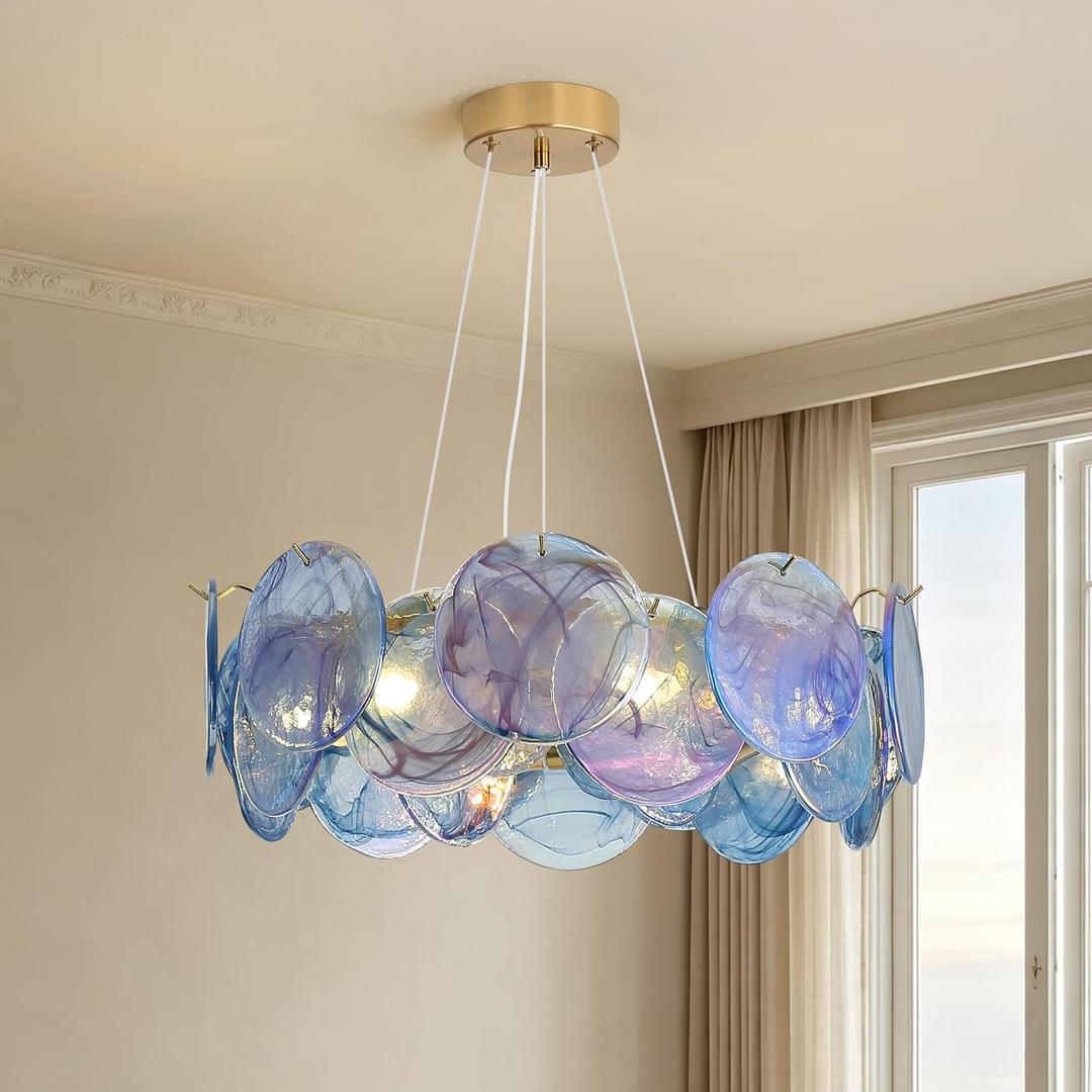 Handcrafted Round 20" Multicolor Glass Blue Crystal Gold Chandelier