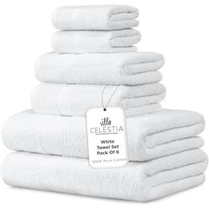 100% Combed Cotton Bathroom Towel Set of 6- 2 Bath Towels, 2 Hand Towels, 2 Wash Cloths, Sustainable, Soft, Highly Absorbent 6 Piece Cotton Bath Towel Set Ideal for Hotels, Spa, Bathroom, Dorm, White
