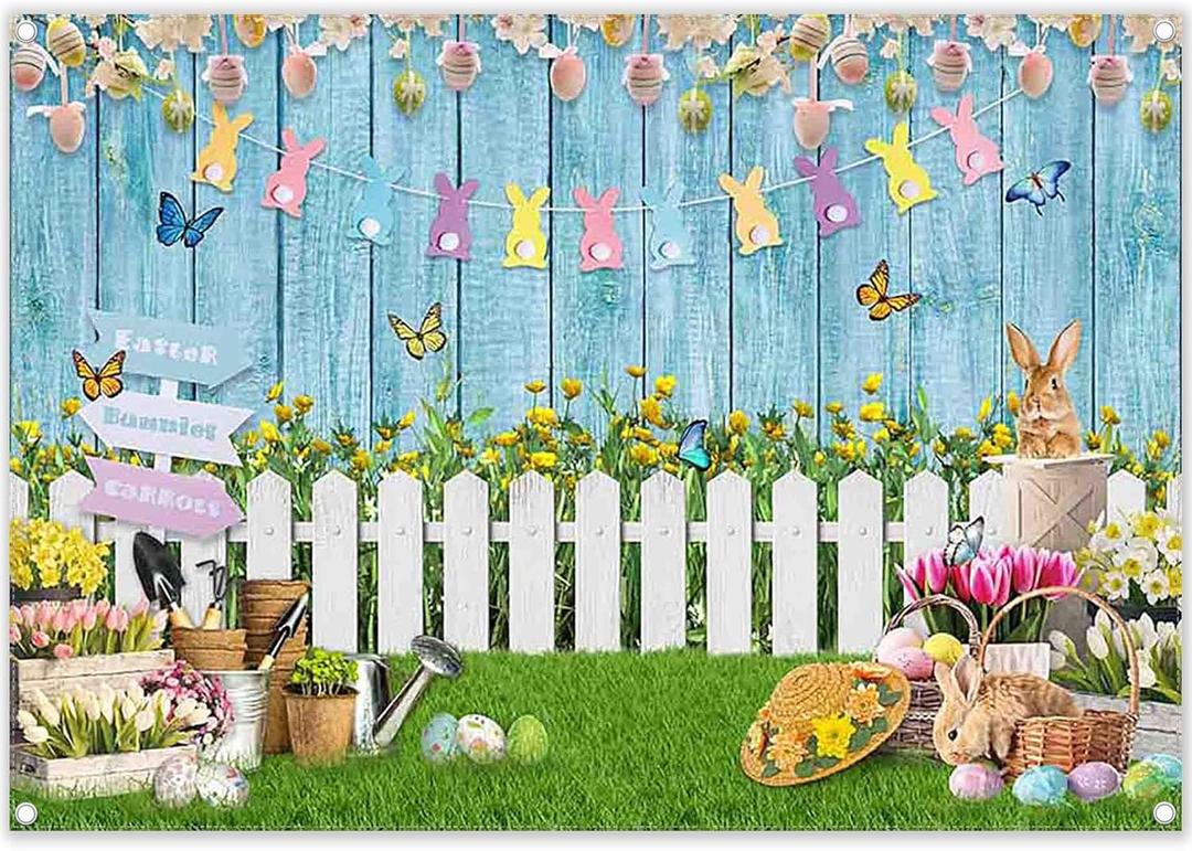 Fabric 7x5ft Spring Easter Photography Backdrop Blue Wooden Wall Colorful Eggs Rabbit Grass Bunny Floral Background Kids Party Decoration Photo Banner Booth