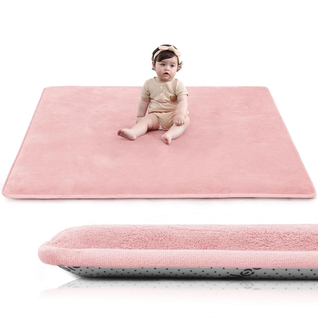 Baby Play Mat for Floor,1.3" Thick Elasti-Foam 50"50" Playpen Mat for Tummy Time,Water Repellent Soft Coral Velvet for Toddler,Infant,Kids,Non-Slip Backing Safe for Crawling (Pink)