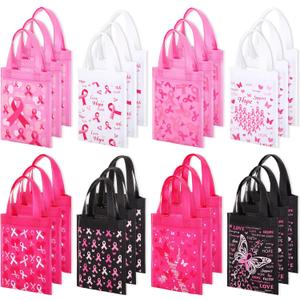 Faccito 24 Pcs Breast Cancer Gift Bags Pink Ribbon Gift Bag with Handles Pink Ribbon Tote Bags Reusable Breast Cancer Awareness Bulk Item for Women Nurse Breast Cancer Survivor Party Gift