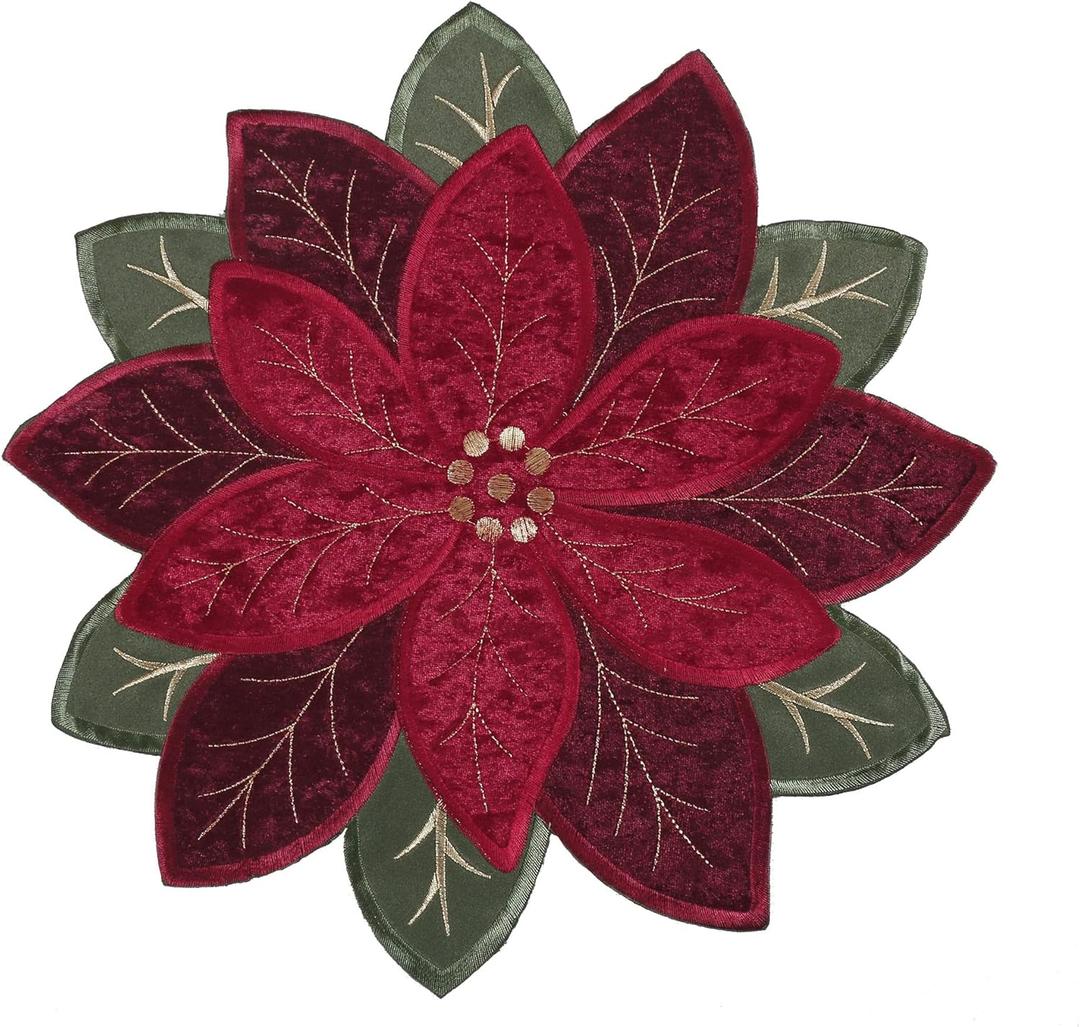 OWENIE Christmas Placemats Set of 4, Poinsettia Table Mats with Embroidered and Applique Velvet Fabric, 16 Inch x 16 Inch Die Cut Placemat for XMAS Holiday Tabletop, Round Doilies for Dining Table, Red (15RD)