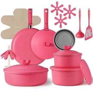 CAROTE 24pcs Pots and Pans Set Non Stick, Nonstick Cookware Set, Oven/ Dishwasher/ Fridge Safe Pots and Pans, RV Safe Cookware, Induction Kitchen Gift Set Detachable Handle, Pink