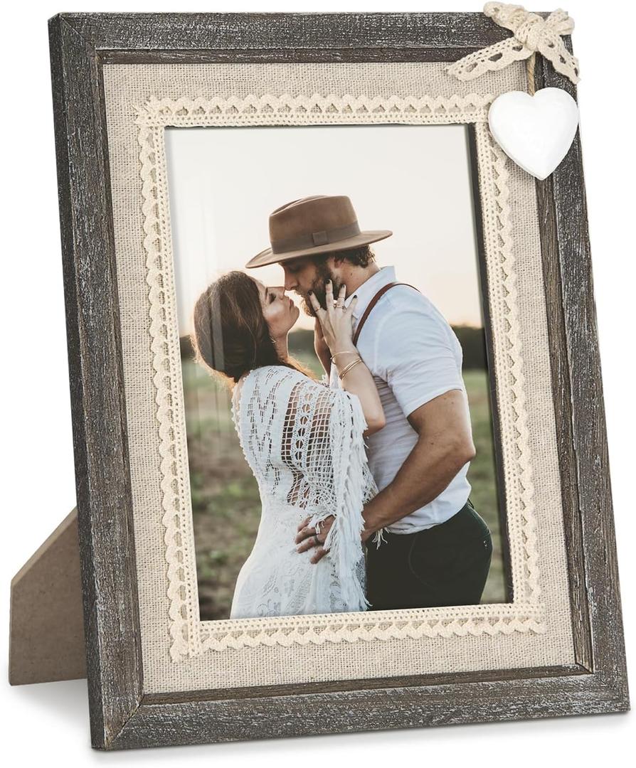 Afuly 5x7 Picture Frame with White Heart Wood Rustic Distressed Frames Farmhouse Photo Frames for Home Decor Wall Hang Desktop Wedding Anniversary Birthday Gifts for Grandma Mom Couple (Single Frame)