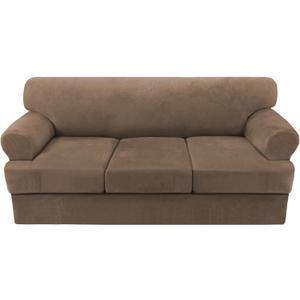 H.VERSAILTEX Sofa Cover 4 Piece T Cushion Sofa Slipcovers Thick Velvet Couch Cover Stretch T Cushion Sofa Covers for 3 Cushion Couch with 3 Individual T Cushion Covers, Mocha