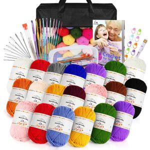 Aeelike 20pcs Acrylic Yarn for Crocheting, Crocheting Set for Beginners, Crochet Kit with Everything Include 1093 Yards Yarn, Aluminum Crochet Hooks, Step-by-Step Instruction and Black Organizer Bag