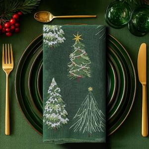 Breling 4 Pcs Embroidery Christmas Tree Tulle Napkins 17.7 inch Xmas Tree Gauze Green Cheesecloth Napkins Farmhouse Dining Decor for Home Christmas Party Decor