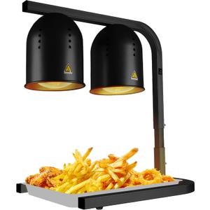 Heat Lamp for Food, with Two 250W Bulbs for Fast and Even Heating, Food Heat Lamp with Adjustable Height Stand, Commercial Food Warmer Lamp for Home, Fast Food Restaurant, Buffet, Bakery Black
