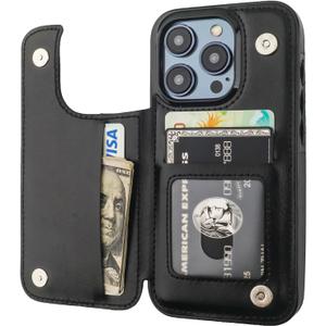 ONETOP Compatible with iPhone 15 Pro Wallet Case with Card Holder, PU Leather Kickstand Card Slots Case, Double Magnetic Clasp and Durable Shockproof Cover 6.1 Inch (Black)