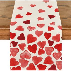 Artoid Mode Red Heart Table Runner, Seasonal Anniversary Wedding Kitchen Dining Table Decoration for Home Party Decor 13x90 Inch