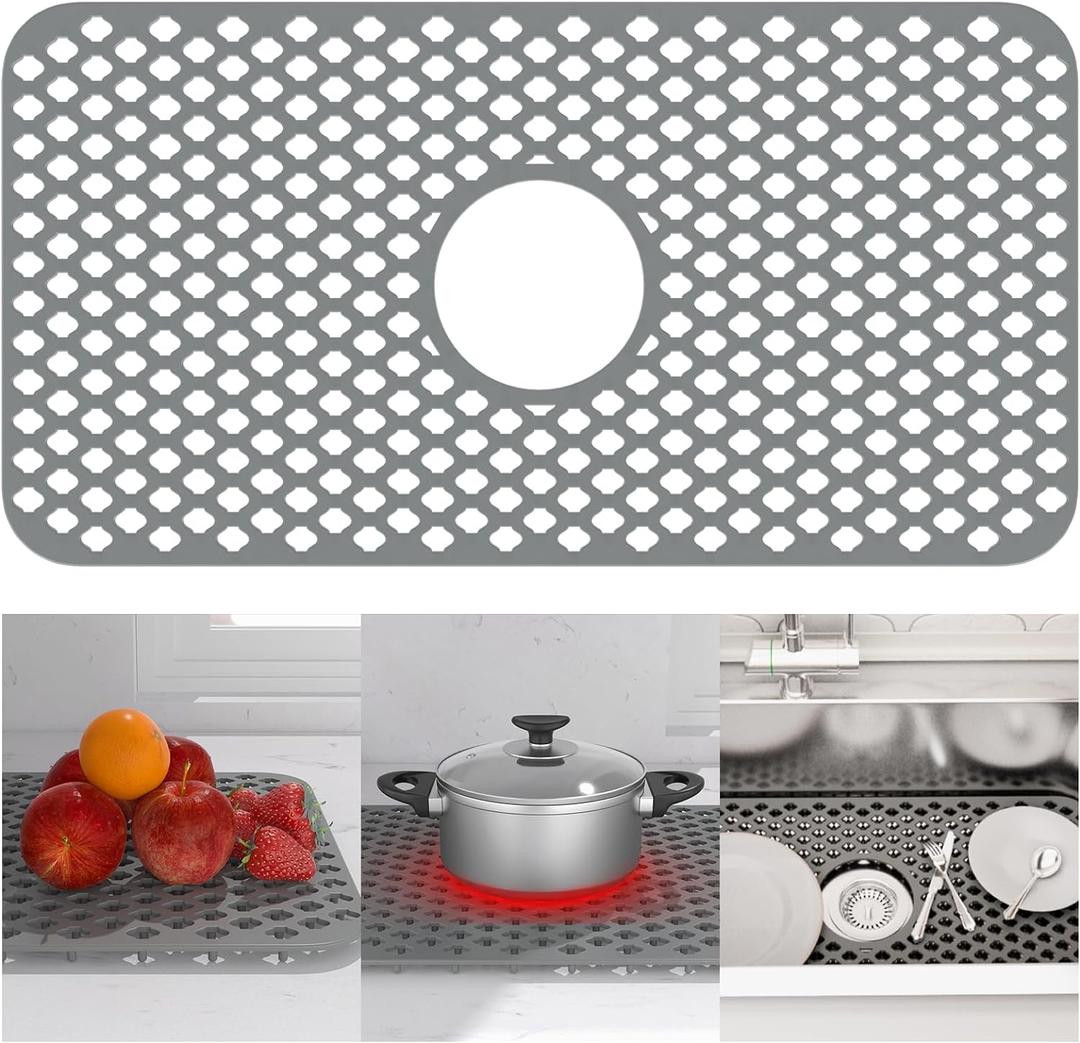 TOOVEM Silicone Kitchen Sink Mat with Non-slip, Stable, Farmhouse Sink Protector for Kitchen Stainless Steel Drainboard- Grey (1Pack-24.8"x13"-Center Drain, Gray)