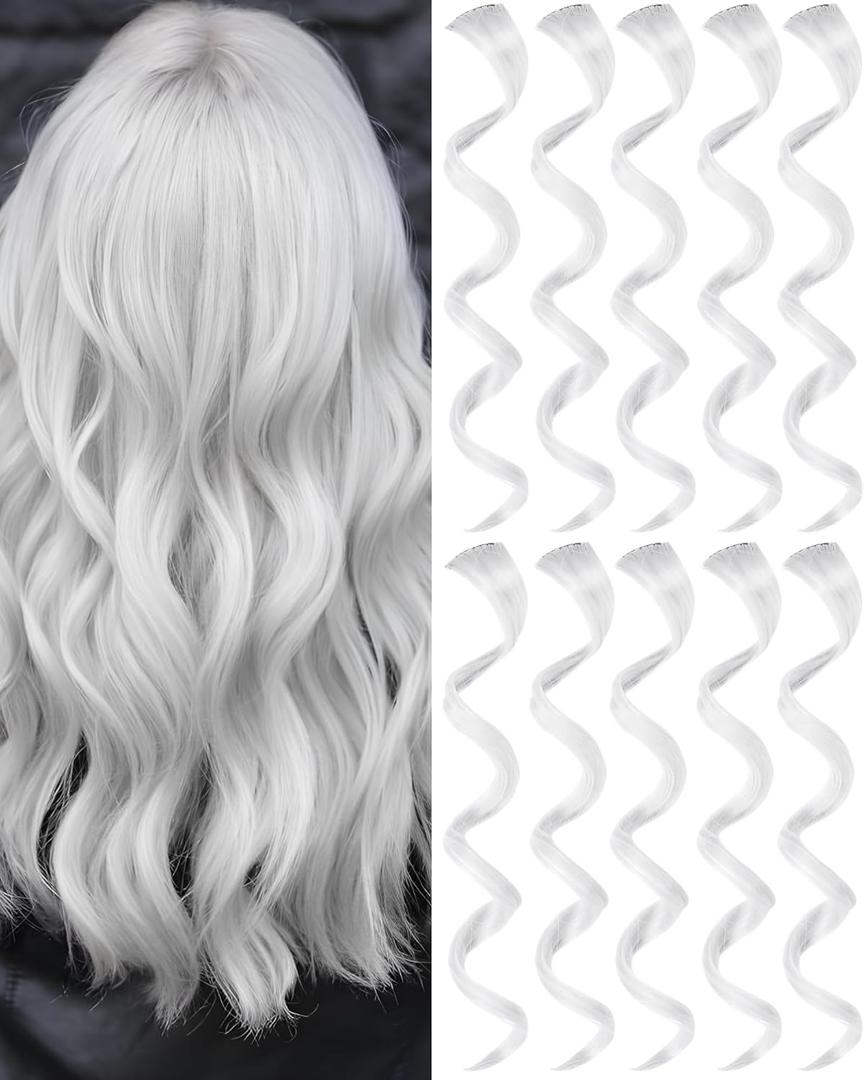 Olldag White Hair Extensions, Curly Wavy Synthetic Hairpieces Clip in Rainbow Neon Party Highlights, Colorful Hair Accessories for Girls Women 17 inch (White)