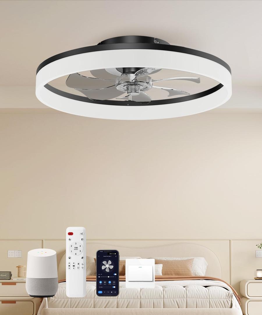 Smart Ceiling Fans with Light and Remote,20'' Low Profile Ceiling Fan with 6-Speed & Dimmable LED, Alexa/APP Home Voice Control, App, Reversible Airflow, App Timer, for BeedroomBlack