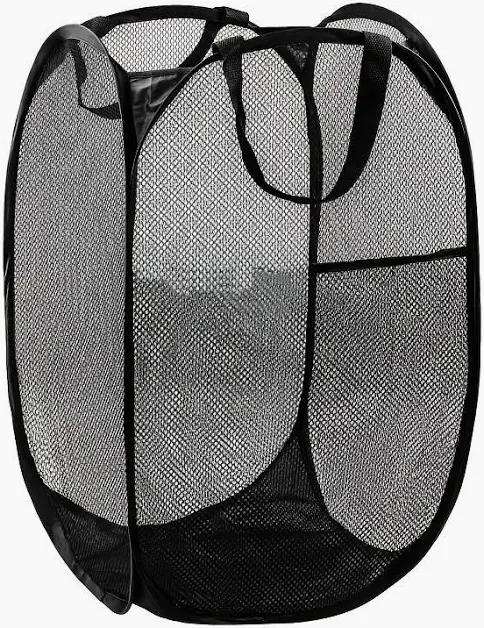 1pc Black Foldable Pop-Up Laundry Basket, Large Capacity Mesh Clothes Hamper with Handles, Portable Breathable Storage Bag for College Dorm Room Essentials, Summer Camping And Beach Trip Moving Day Helper, Polyester, Laundry Baskets