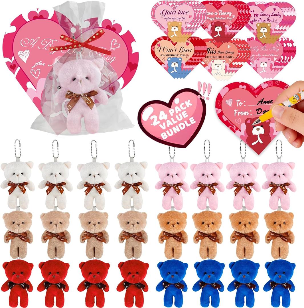 Valentines Gift Cards for Kids Classroom, 24 Packs Valentine's Day Plush Bears Stuffed Animal Mini Plush Toys with Heart Cards, Girls Boys Valentine Gifts Party Favors Classroom School Exchange Prize