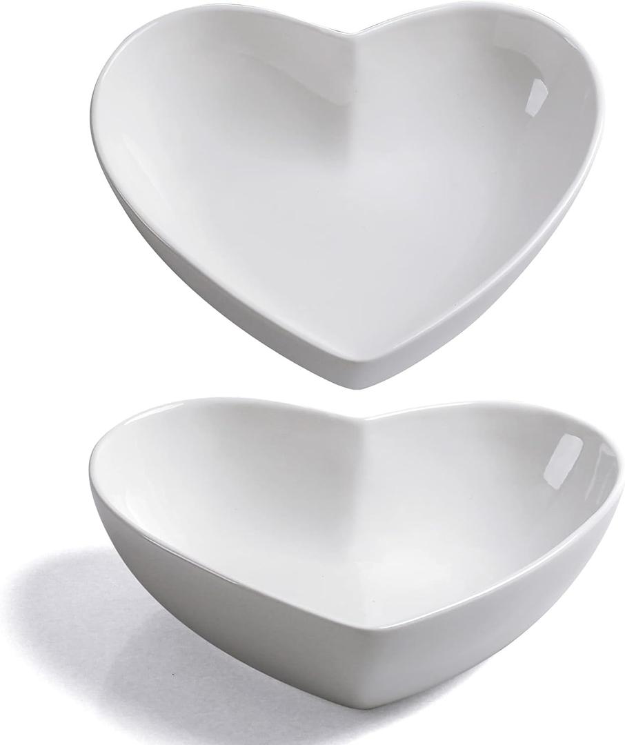 Heart Bowls Porcelain 2 pcs White Heart-shaped Bowl Dessert Bowls/Salad Bowl 7 inch, 20 OZ