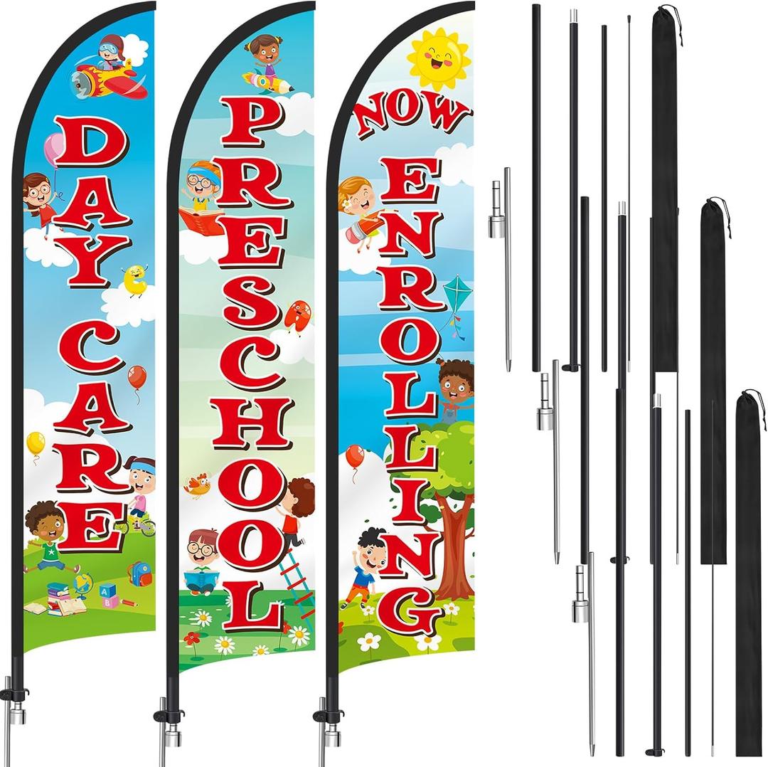 3 Pack Now Enrolling Preschool Daycare Feather Flag 12ft x 2.5ft Swooper Flag Weatherproof Polyester Now Open Banner for Schools Daycare Business Advertising