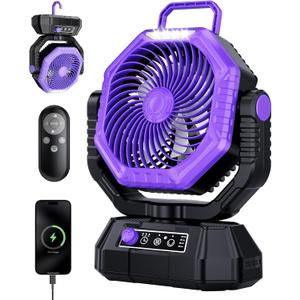 AJVV Camping Fan, Oscillating Battery Powered Portable Rechargeable Hanging Tent Fan with Light and Remote for Camp, Outdoor, Emergency Power Outage, Fishing, RV Travel, Violet