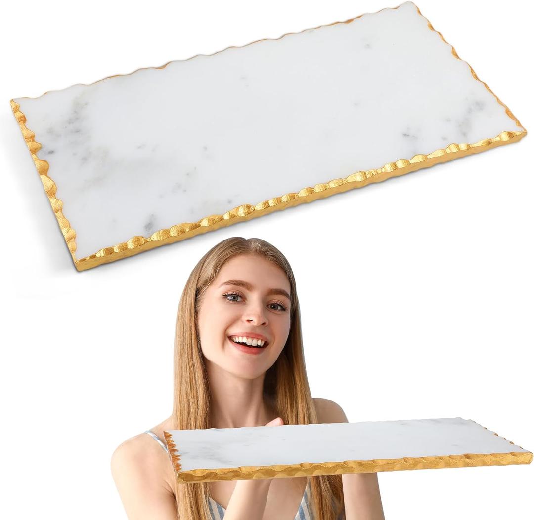 12" X 6" Marble Tray with Golden Foiling Natural Marble Board White Slab Candle Plate Tray for Kitchen Counter Cheese Charcuterie Wedding Gift House Warming Gift