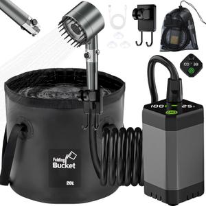 Portable Shower for Camping 6000mAh Rechargeable Shower Pump with Intelligent LED Display & 20L Foldable Bucket 4 Spray Modes Outdoor Shower Head IPX7 Waterproof for Hiking, Travel, Car, Pet, Beach