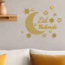 DoubleFill 16 Pcs Eid Ramadan Decoration Wooden Moon Star Wall Decor Ramadan Mubarak Party Wall Art Decoration for Islamic Muslim Home Living Room Bedroom Party Decor(Gold)