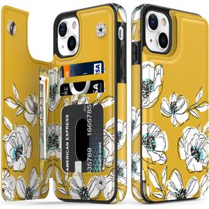 LETO for iPhone 13 Mini Case,Flip Folio Leather Wallet Cover with Fashion Flower Designs for Girls Women,Built-in Card Slots Kickstand Protective Shell Tiny White Florals