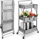 Foldable 3 Tier Metal Utility Rolling Cart, Folding Mobile Multi-Function Storage Trolley Organizer Cart for Home Library Office(Grey) (Gray)