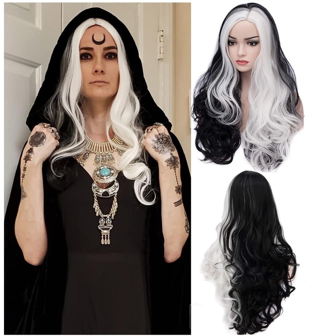 BERON Black White Wig Long Curly Wig Women Girls Wavy Black and White Wig Heat Resistant Wavy Two Tone Cosplay Costume Halloween Wig