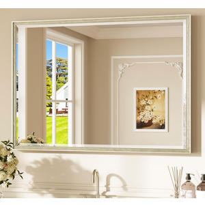 Keonjinn 40" x 30" Brushed Nickel Bathroom Vanity Mirror, Silver Bathroom Mirrors for Over Sink, Beveled Tempered Glass, Aluminum Alloy Frame, Decorative Wall Mirror for Living Room, Entryway, Bedroom