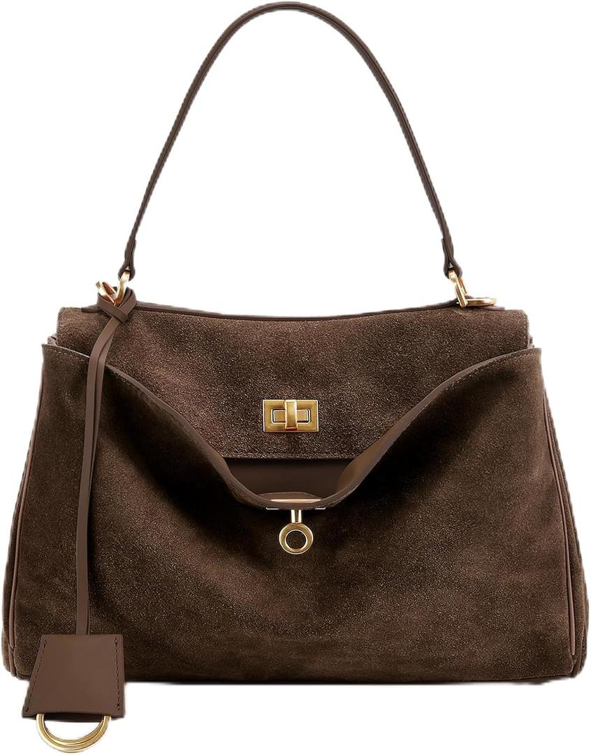 Genuine Leather Purse for Women: Suede Leather Tote Bag - Fashion Ladies Shoulder Handbag for Travel (Large) (Coffee)