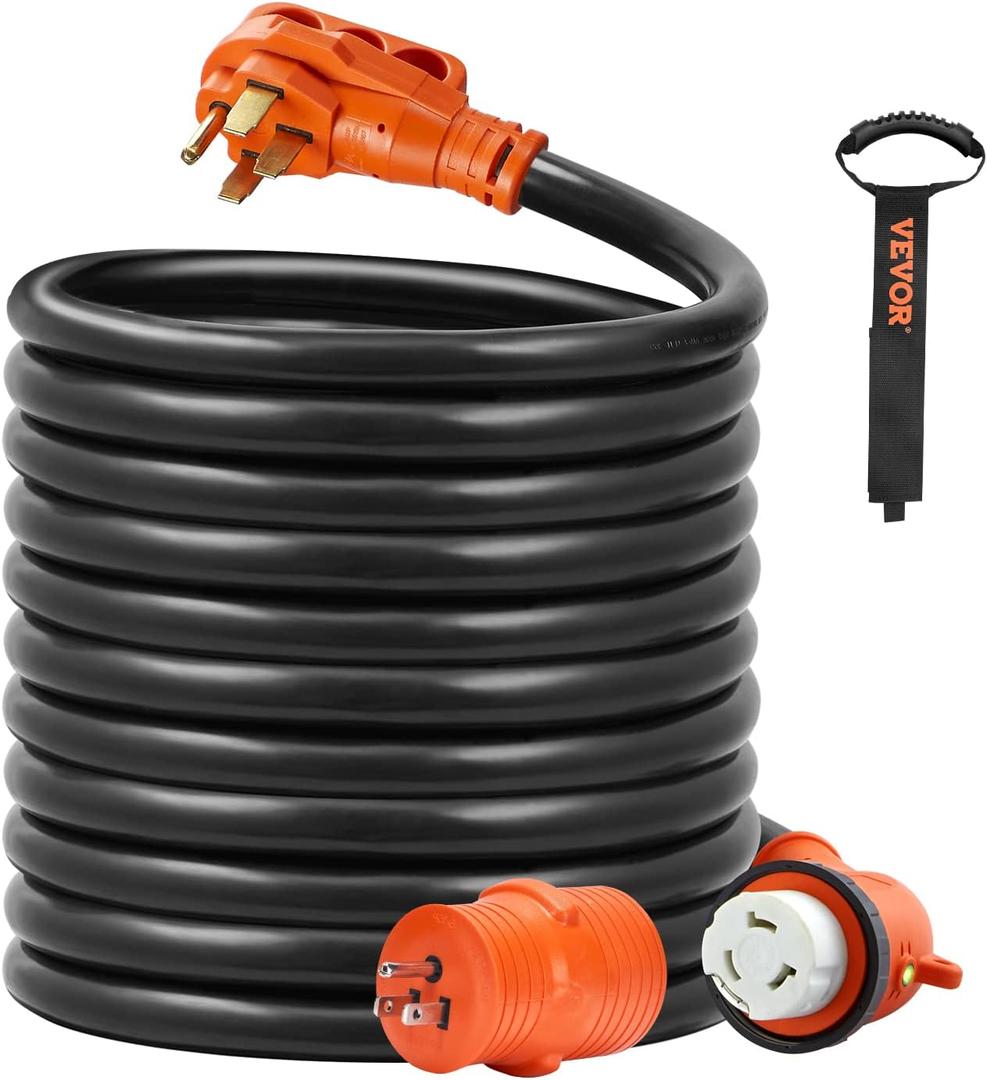 VEVOR 30 Feet RV Power Cord, 50 Amp, Heavy Duty STW 6/3 + 8/1 Generator Cord, NEMA 14-50P Male NEMA SS2-50R Female Plug, with LED Indicator Handle 15A Adapter, for RVs, ETL Listed
