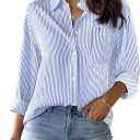 Womens Button Down Shirts Cotton Striped Dress Shirts Long Sleeve Button Up Collared Office Work Blouses Tops-Blue and White, Medium