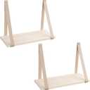 Leather Strap Wood Floating Wall Shelf Wooden Shleves Wall Organizer Wall Mount Shelf Home Decor Kitchen Living Room BedroomBeige Set of 2