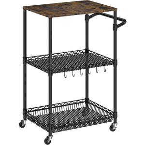 Rolling Kitchen Cart with Wheels, 3 Tier Metal Utility Cart with Wood Tabletop Heavy Duty Wire Rolling Kitchen Island Storage for Pantry Bar Microwave with Handle & Shelf Liners, Black