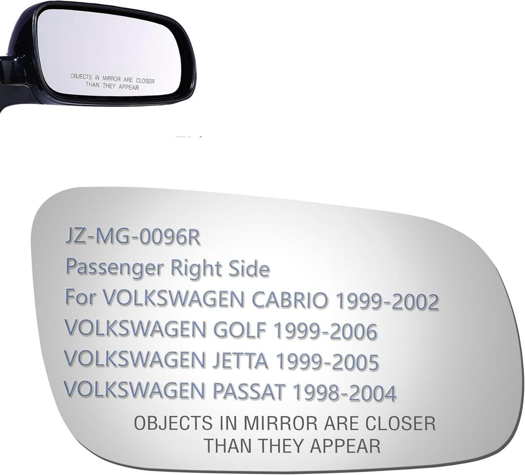 JZSUPER Side Mirror Glass fit VW 1999-2002 Cabrio 1999-2006 Golf 1999-2005 Jetta 1998-2004 Passat Passenger Right Side RH Convex, Including Adhesive