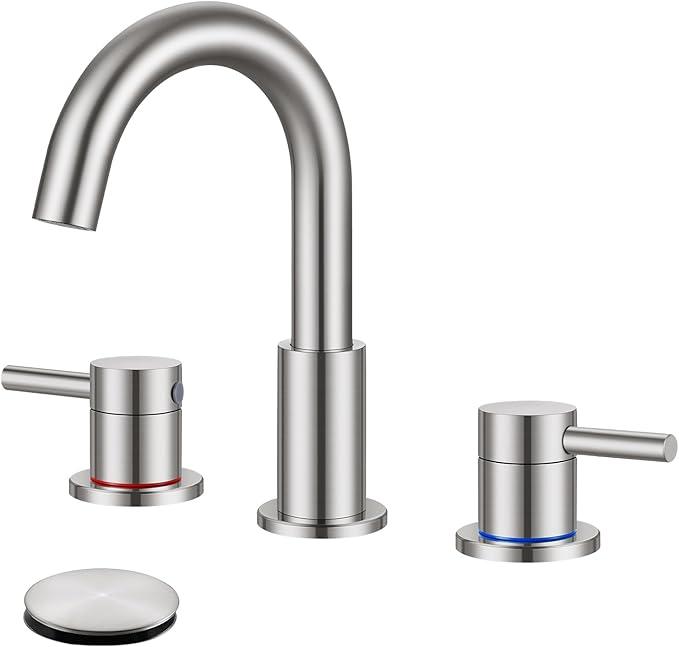 FGKQ Brushed Nickel Bathroom Faucet 3 Hole, 8 inch Widespread Bathroom Faucets for Sink 3 Hole Brushed Nickel with PopUp Drain Water Supply Lines