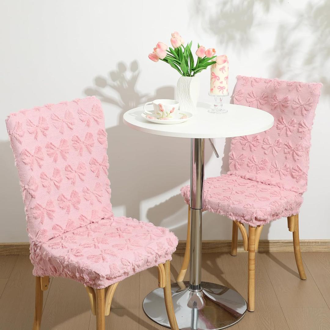 VitalCozy 2 Pcs Pink Bow Dining Chair Covers Coquette Bow Room Decor Cute Faux Fur Soft Coquette Bowknot Chair Covers for Dorm Girls Room Home Bedroom
