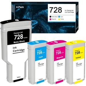 728 Ink Cartridge Set (Matte Black 300ml, Cyan, Magenta, Yellow 130ml) HP 728 Compatible with DesignJet T730 T830 MPF Large Format Plotter Printers F9J68A F9J67A F9J66A F9J65A