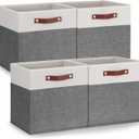 Temary 13x13 Storage Cubes 4 Pack Fabric Cube Storage Bins Large Storage Baskets with Leather Handles, Decorative Storage Boxes for Organizing Closet, Clothes, Foldable Cloth Baskets for Shelves (131313, White&Grey_PU Handles)