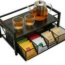 Tea Bag Organizer With Adjustable Drawer, Teabag Bar Holder Organizer For Counter, Wood Metal Station Storage Chest Display, Coffee Packet Containers Box For Countertop Kitchen Office Black