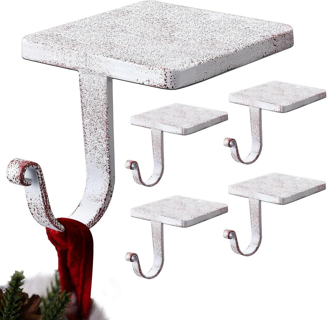 Tandefio 4 Pcs Christmas Stocking Holders for Mantel Heavy Duty Metal Stocking Hooks with Protective Pads for Xmas Fireplace Home (Vintage White)