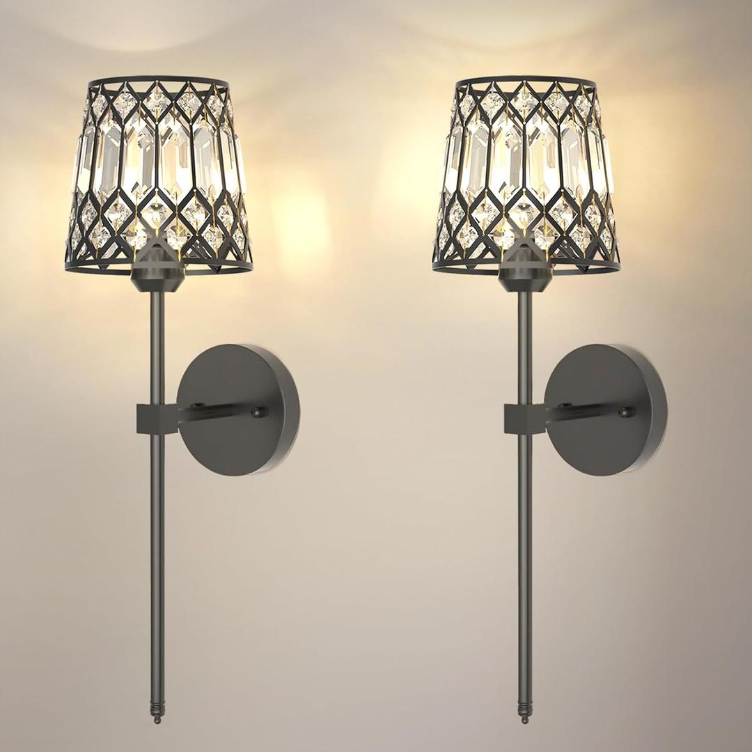 Black Battery Operated Wall Sconces Set of 2, Crystal Rechargeable Wireless Wall Sconce Lights for Home Decor, Dimmable 12 RGB and 3CCT Wall Lamps with Remote for Living Room Bedroom Hallway