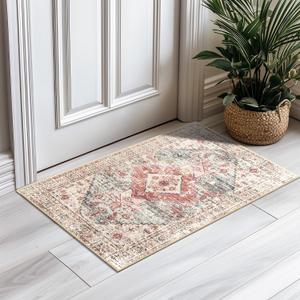 BESTSWEETIE 2x3 Area Rug for Living Room Washable Rugs No Pile Carpet for Entryway Bedroom Dinning Room Playroom Vintage Boho Carpet Print Distressed Non-Slip, 2 x 3 ft, Pink