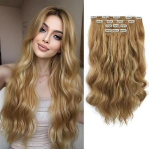 Clip in Hair Extensions 22 Inch Long Wavy Synthetic Fiber Clips ins Extension 4PCS Hairpieces Breathable and Fake pieces for women Dark Blonde