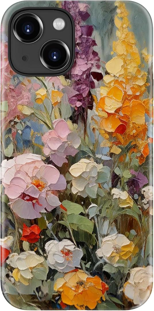 LUMARKE for iPhone 15 Case Cute - Wireless Charging Compatible - Dual-Layer Soft Silicone + Hard Shell - Trendy Floral Design - Glossy Phone Cover for Women - Oil Painting Flowers